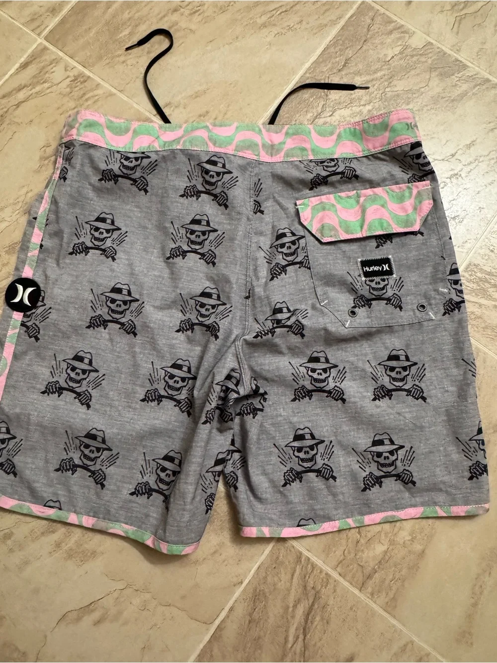 Hurley Gray Skull Print Swim Board Shorts with Pink & Mint Trim